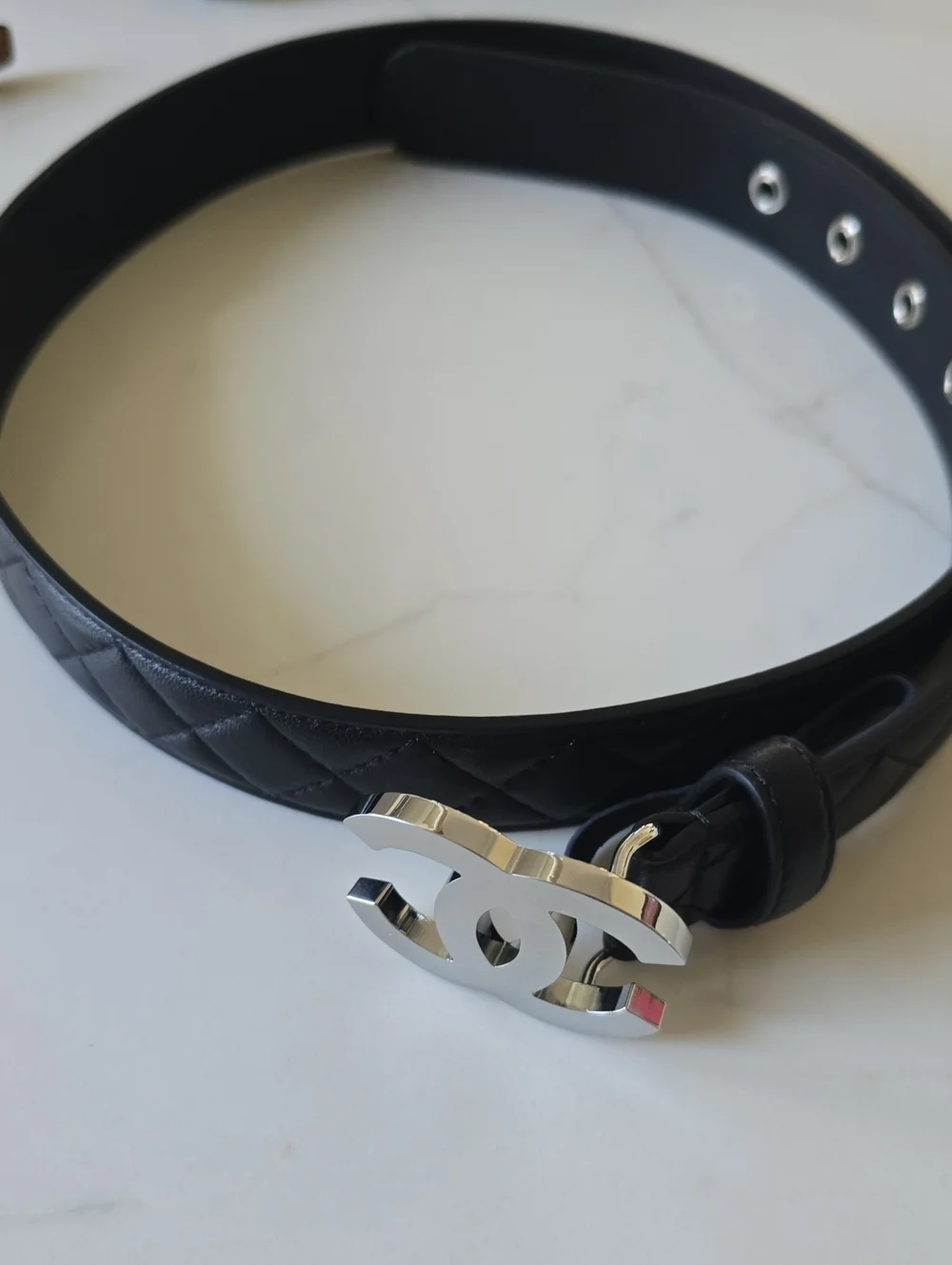 Black Quilted Leather Belt with Silver Interlocking Logo Buckle